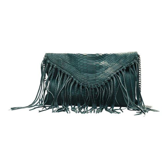 Wings Green Snakeskin Leather Fringes Chain Strap Shoulder Bag Handbag - Picture 1 of 9